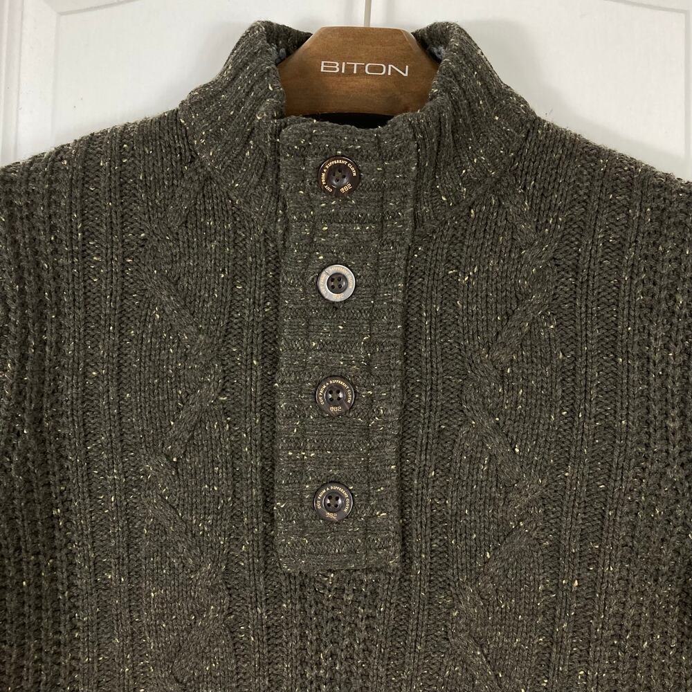 Nwot NEXT Sweater Men M Brown Wool-Blend Cable Knit Speckled 1/4-Btn Mock-Neck - Picture 5 of 11
